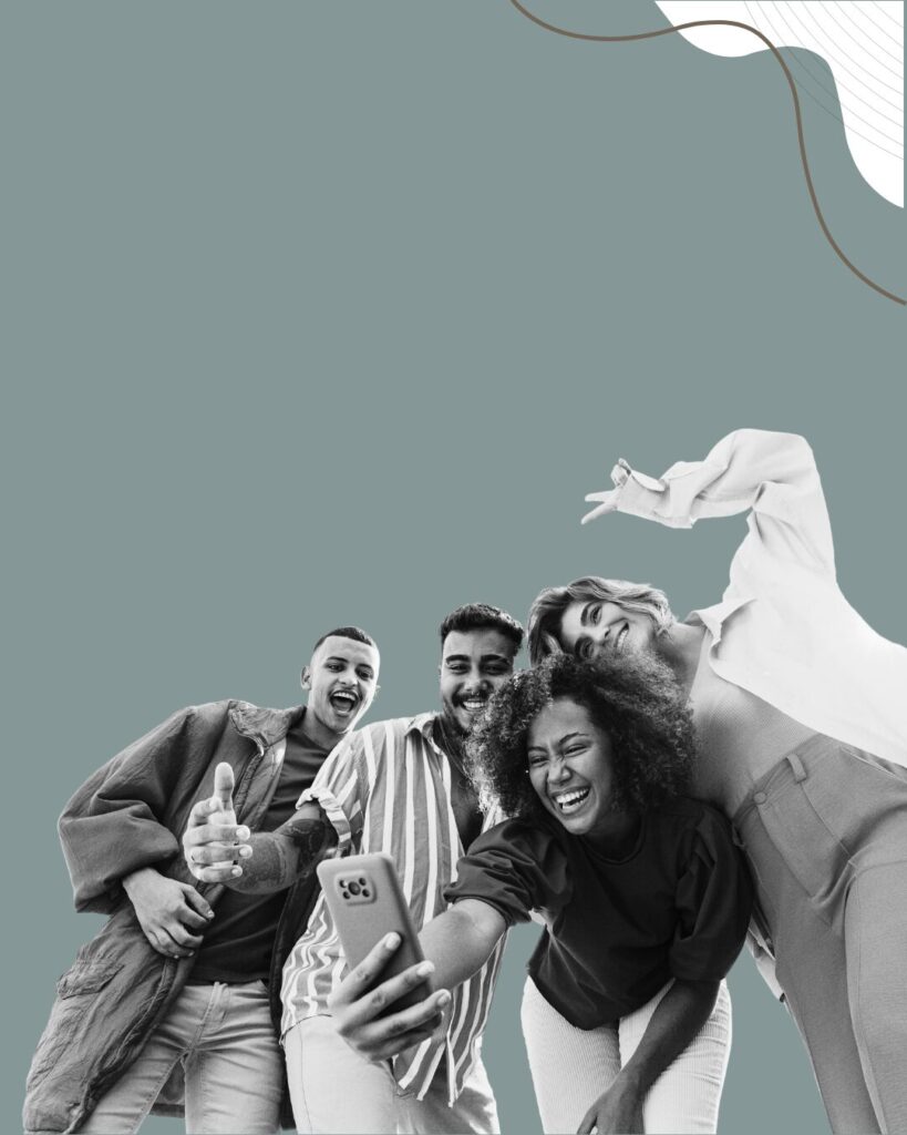 The image shows a group of college aged students having fun taking photo's of themselves. the image has a green background and the people are black and white.