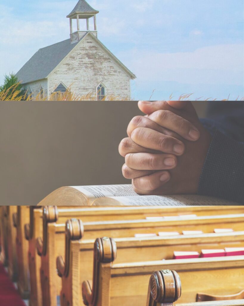 The image shows a set of images stacked with a church building in a field on top. then a set of hand folded in a prayer position in the middle. finally, a row of pews on the bottom.